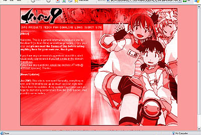 The first layout for the main Alien 9 site, with content on the left and an image of the three main characters on the right.